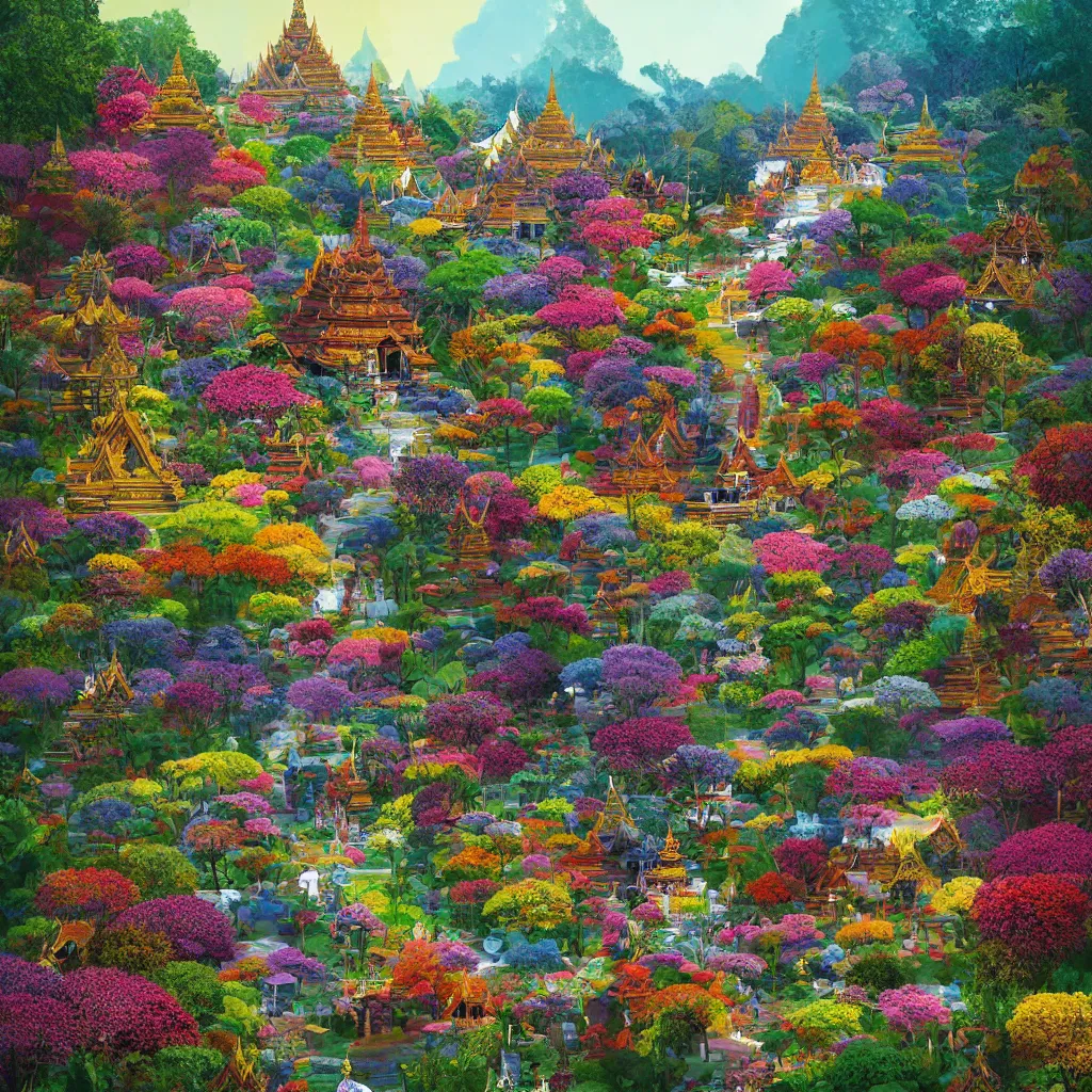 Image similar to summer morning, thai temple, rolling mountain, very coherent and colorful high contrast, art by gediminas pranckevicius, geof darrow, dark shadows, hard lighting, flowers garden