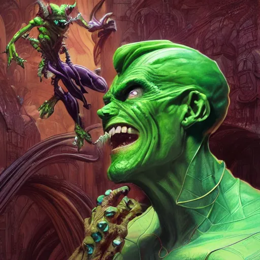 Prompt: green goblin doing weed, intricate, highly detailed, digital painting, artstation, concept art, smooth, sharp focus, illustration, unreal engine 5, 8 k, art by artgerm and greg rutkowski and alphonse mucha