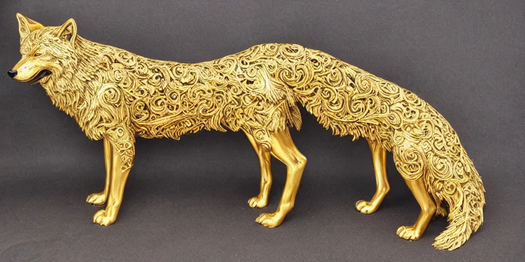 Image similar to gorgeous wolf statue with gold filigree