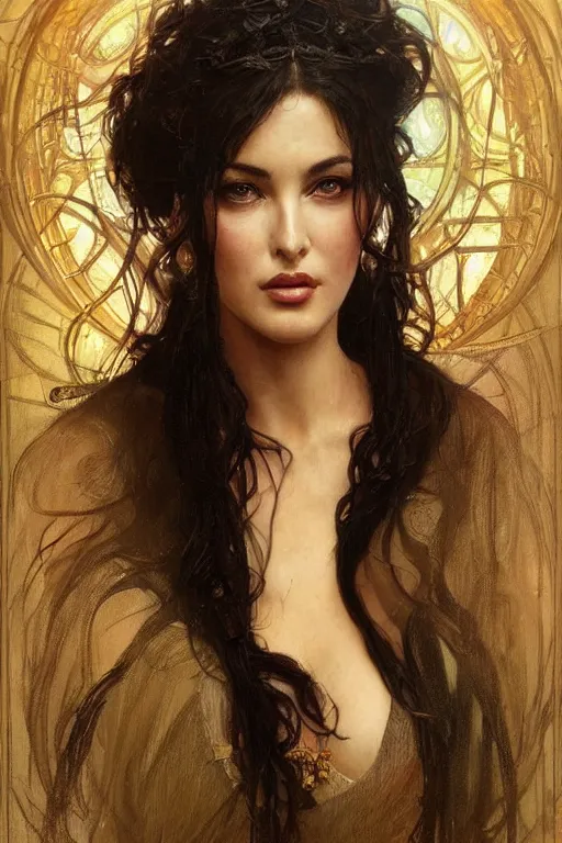 Prompt: young Monica Bellucci portrait, fantasy, elegant, intricate, cinematic lighting, by Stanley Artgerm Lau, greg rutkowski, thomas kindkade, alphonse mucha, loish, norman Rockwell