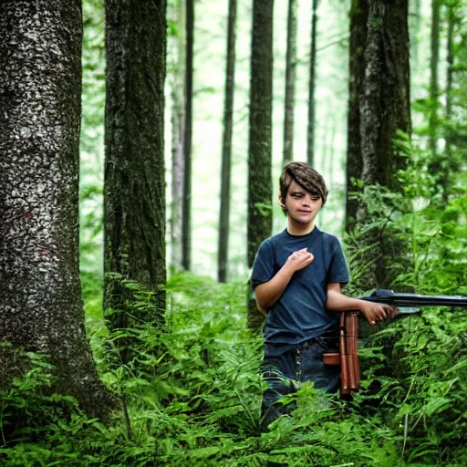 Image similar to in a background green forest, in foreground boy with shotgun, 8 k