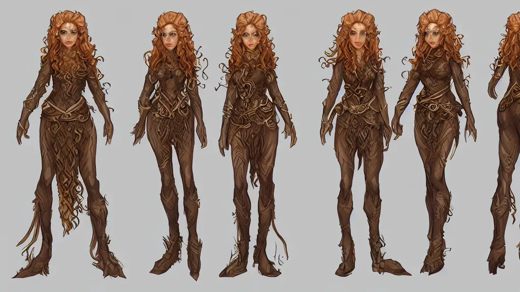 Image similar to a fantasy curly haired female elf druid character design sheet, trending on artstation