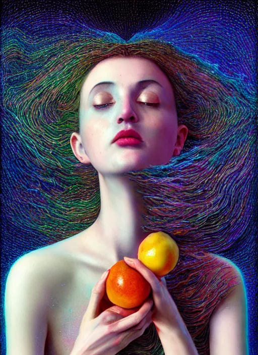 Prompt: hyper detailed 3d render like a Oil painting - Aurora (Singer) Eats of the Strangling Fruit and Her delicate Hands present the gossamer thin polyp celium blossoms bring iridescent fungal flowers whose spores black the foolish stars by Jacek Yerka, Mariusz Lewandowski, Houdini algorithmic generative render, Abstract brush strokes, Masterpiece, Edward Hopper and James Gilleard, Zdzislaw Beksinski, Mark Ryden, Wolfgang Lettl, hints of Yayoi Kasuma, octane render, unreal engine 5 render, 8k