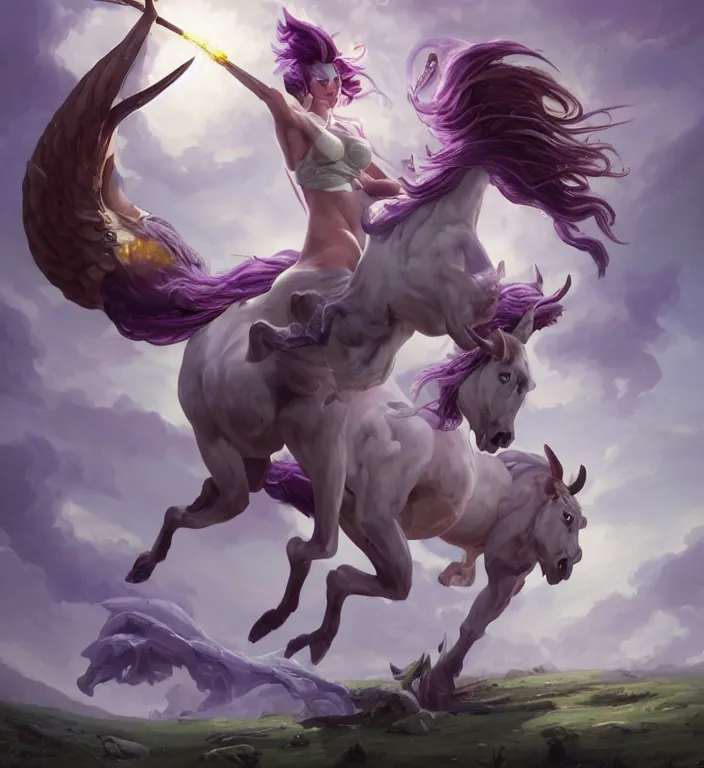 Image similar to a majestic female centaur with white wings and with a horn on the forehead and purple hair and elf ears, backlit, strong rim light, highly detailed, digital painting, by Alvaro Castagnet + Peter Mohrbacher + Dan Mumford + vivid colors + high contrast, 8k resolution, intricate, photorealistic, smooth