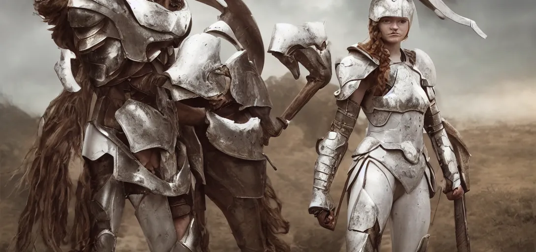 Image similar to character sheet concept art of sadie sink as a spartan - iii in white armor, realistic, hyperrealistic, photographic, costume, wlop, dan mumford, greg rutkowski, high detail, octane render, alexander mcqueen, james gurney, james jean, mucha, photo, 8 k, intricate