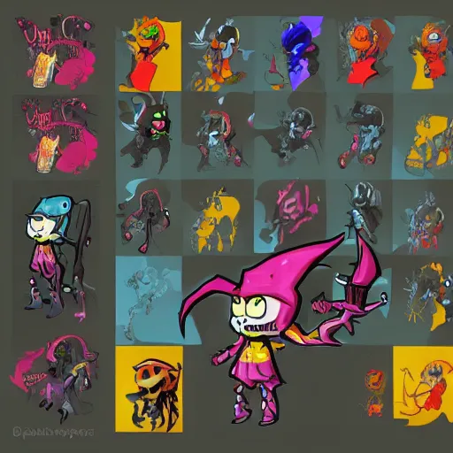 Prompt: character design sheets for a new vampire squid character, artwork in the style of splatoon from nintendo, art by tim schafer from double fine studios, black light, neon, spray paint, punk outfit, tall thin toothpick like frame adult character, fully clothed, gothic, color explosion, sparkles and glitter, pop art