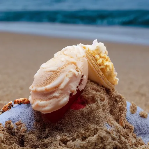 Prompt: donald trump, crying in a beach resort becase his ice cream cone fell on the sand. Hermit crabs surround the cone. Realistic, detailed, photorealistic.