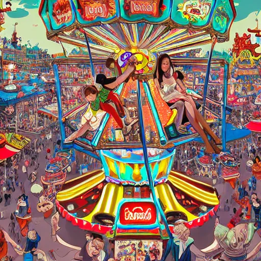 Image similar to crazy funfair ride, extremely detailed, sharp focus, wide view, full body shot, smooth, digital illustration, by james jean, by rossdraws, frank franzzeta, mcbess, sakimichan