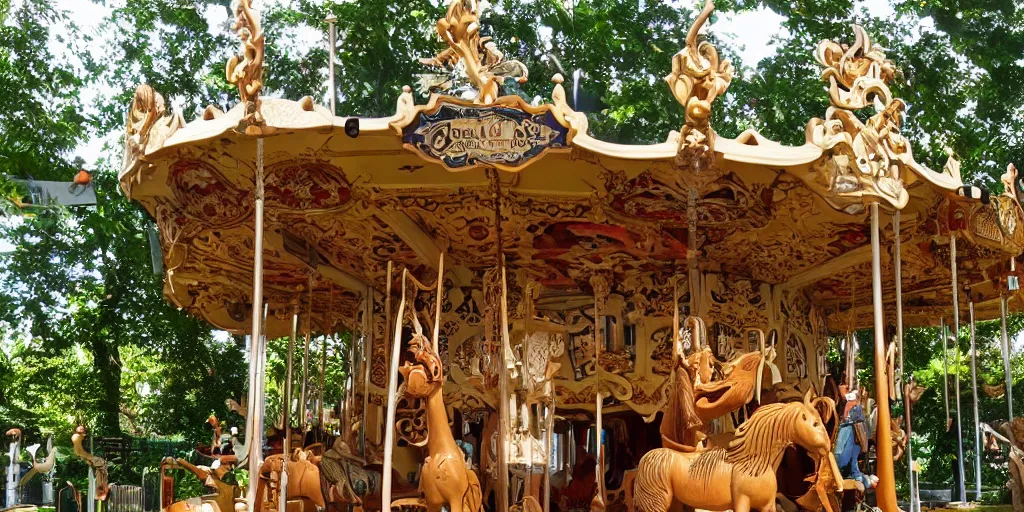 Prompt: a carousel with elaborately carved wooden figures of animals, beachwood, treehouse, secret garden, hedgemaze