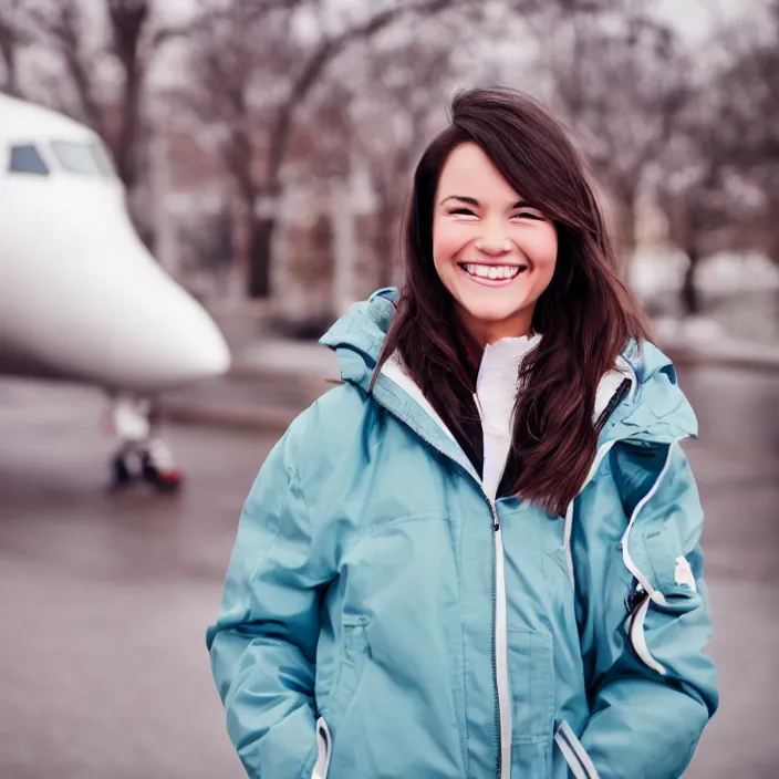 Prompt: a beautiful girl from minnesota, brunette, joyfully smiling at the camera with her eyes closed. thin face. wearing university of minneapolis coat. perfect nose, morning hour, plane light, portrait, minneapolis as background.