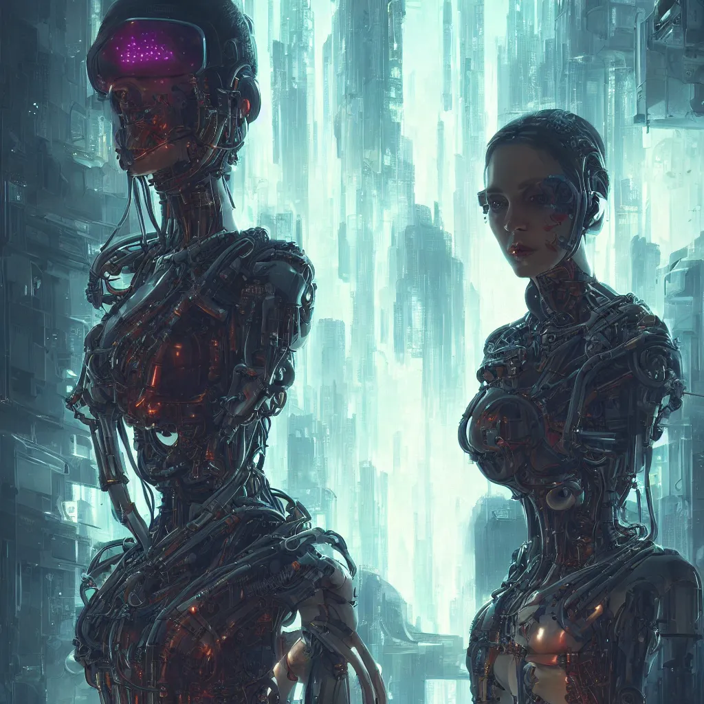 Prompt: portrait of a cyberpunk beautiful woman by Greg Rutkowski, biomechanical, full size highly detailed portrait, futuristic, digital engine, cinematic,8k,luminous, Blade Runner background, vapor