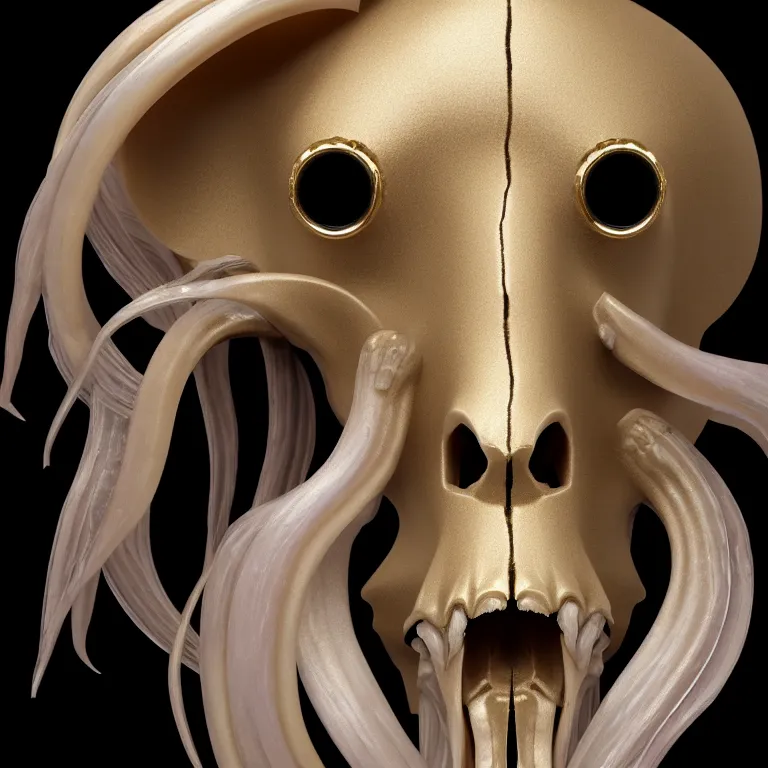 Image similar to goddess princess face close-up portrait ram skull. sculpture made of polished gold and matte obsidian. jellyfish phoenix head, nautilus, orchid, skull, betta fish, bioluminiscent creatures, intricate artwork by Tooth Wu and wlop and beeple. octane render, trending on artstation, greg rutkowski very coherent symmetrical artwork. cinematic, hyper realism, high detail, octane render, 8k