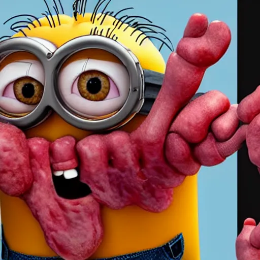 Prompt: A screaming photorealistic minion made of severed body parts and human organs being sewn together by medical professionals