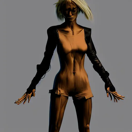 Prompt: full body shot with legs , 3D skin model in different poses , blonde hairs cyberpunk style concept art skin model, 3d models