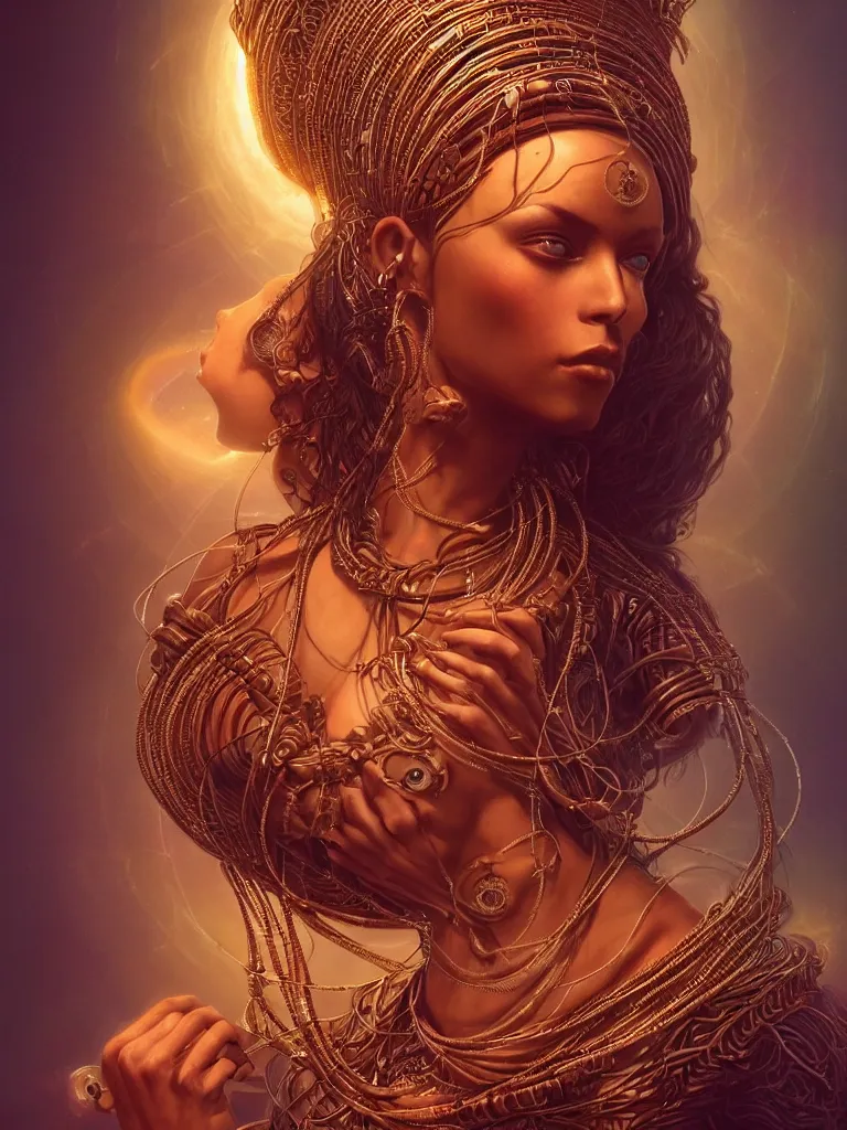 Image similar to a centered render of an alluring mystical tribal goddess adorned with cables and synthesizer parts is surrounded by sacred geometry, full body, gorgeous face, perfect face, powerful, cinematic, beautifully lit, by artgerm, by karol bak, 3 d, trending on artstation, octane render, 8 k