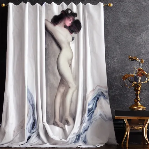 Image similar to liquid marble acrylic paint from victorian era of beautiful model sleeping in white curtains, surreal