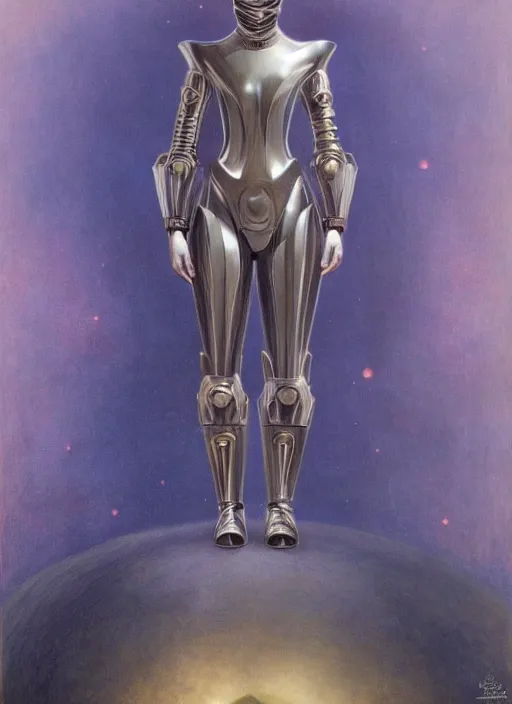 Image similar to full body portrait of beautiful gothic and futuristic fashion model, elegant space armour, cyber armour, highly detailed, artstation, illustration, composition, 8 k quality, art by jean delville, rene magritte, hyperrealism oil painting
