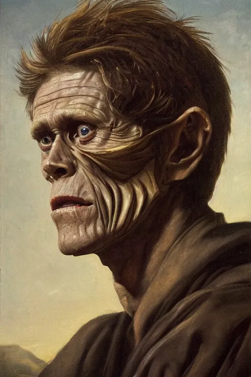 Image similar to an extremely high quality hd, portrait painting of 4 0 year old willem dafoe, renaissance oil painting, studious chiaroscuro, by h. r. ( hans ruedi ) giger, featured on cgsociety, afrofuturism, dystopian art, 8 k, ultra realistic, very realistic