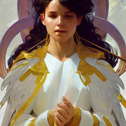 Prompt: a divine angel, highly detailed, digital painting, artstation, concept art, sharp focus, illustration, art by greg rutkowski and alphonse mucha