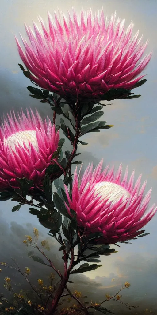 Image similar to detailed pink and white proteas against a black backdrop by ivan aivazovsky, detailed brush strokes, oil painting, artstation