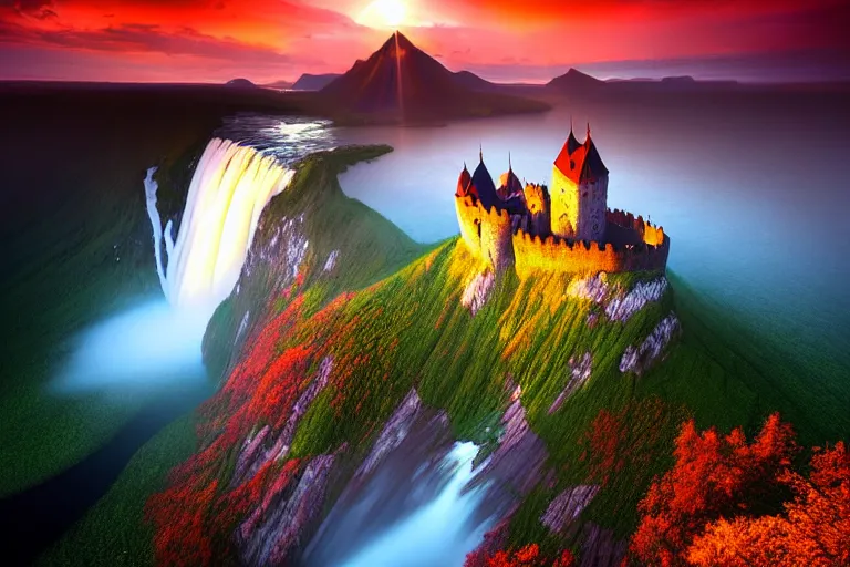 Image similar to Gediminas Pranckevicius amazing landscape photo of mountains with lake and castle on top of a waterfall at infinite view at sunset by marc adamus beautiful dramatic lighting,