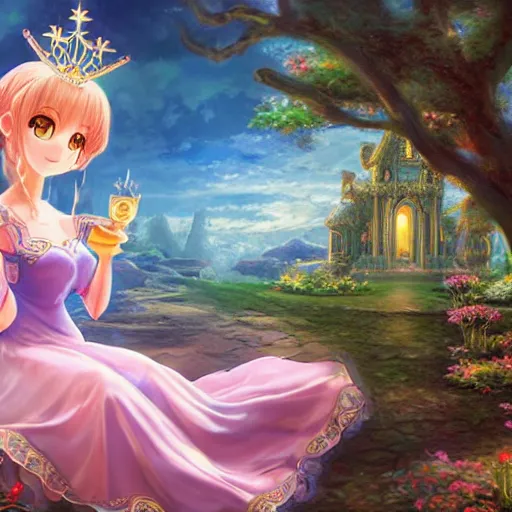 Image similar to a pleasant, beautiful, funny, smooth 3D CG render, semirealistic anime style, a noble priestess magician princess girl wearing dress and jewelry, in a glorious magic kingdom, relaxing calm vibes, fairytale