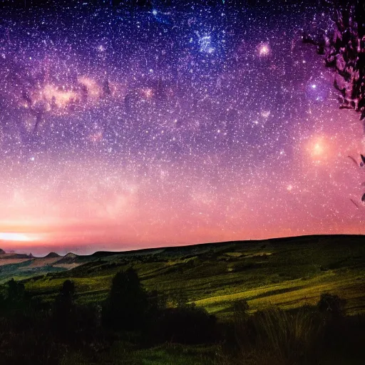 Prompt: HD Dslr professional photograph of landscape and a sky full of beautiful stars