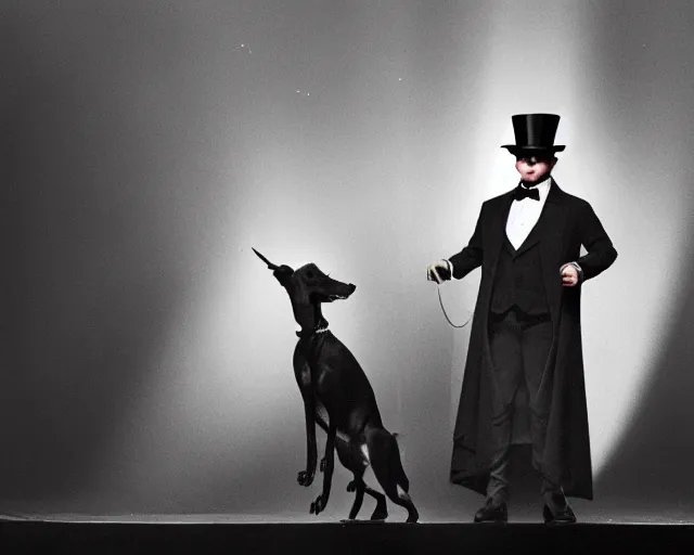 Prompt: greyhound wearing a black cloak and a top hat, under a spotlight, magician dog performing on stage