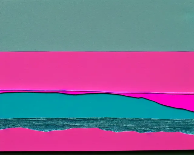 Image similar to deep sea trench, pink horizon. abstract collage made of paper, clay, and twine