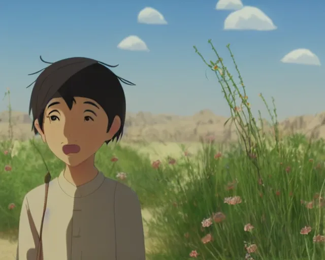 Image similar to an arabic man in the desert with wildflowers, makoto shinkai, loish, studio ghibli, tooth wu