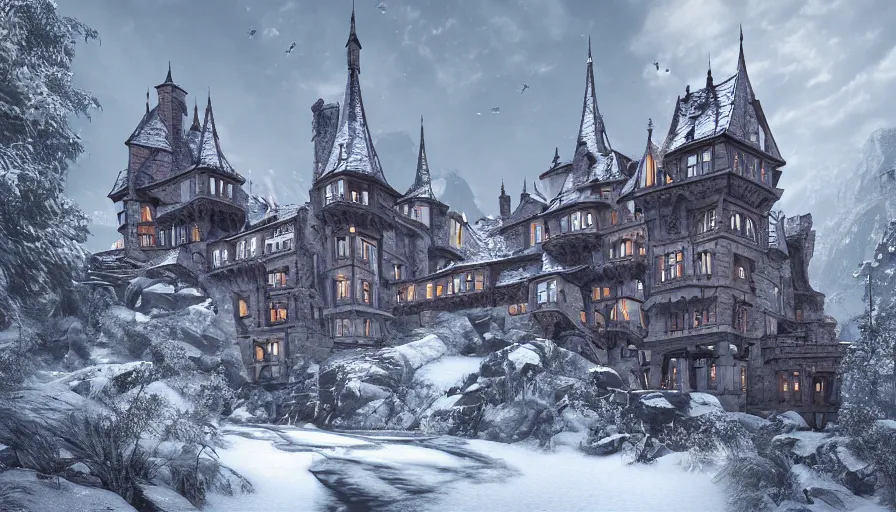 Image similar to Neo-Gothic castle built in snowy mountains connected by bridges, hyperdetailed, artstation, cgsociety, 8k