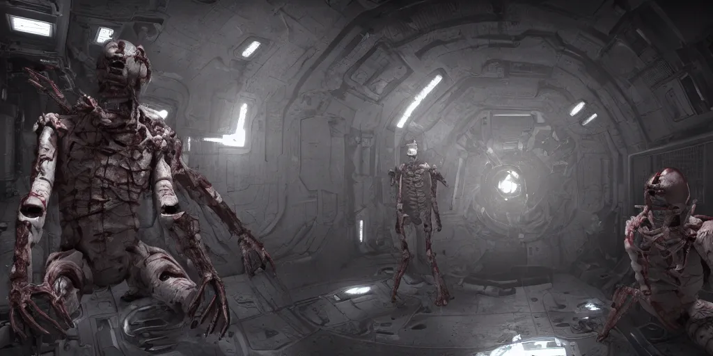 Prompt: dead space necromorph mannequins in a space ship, cinematic still, cinematic lighting, dark palette, realistic, 4 k.