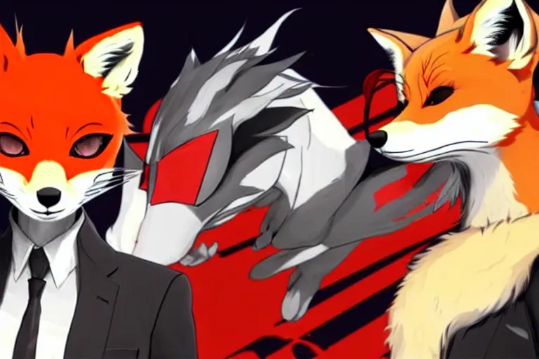 Image similar to a furry tan male fox on a persona 5 : royal ( by atlus ) video game splash screen, a furry male sandcolored tan fox fursona ( has hair ), persona 5 phantom thief style