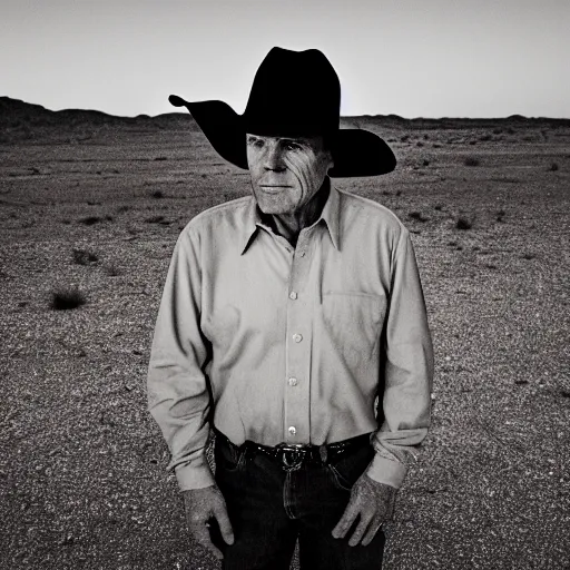Prompt: portrait of cormac mccarthy standing in the texas desert at night. realistic zeiss lens 3 5 mm golden hour