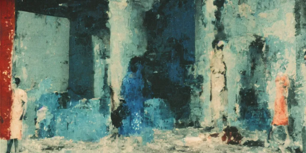 Prompt: ( ( ( ( out of focus ) ) ) ), photography by saul leiter and ernst haas in a pompeii court, airforce blue, red, bright pale green