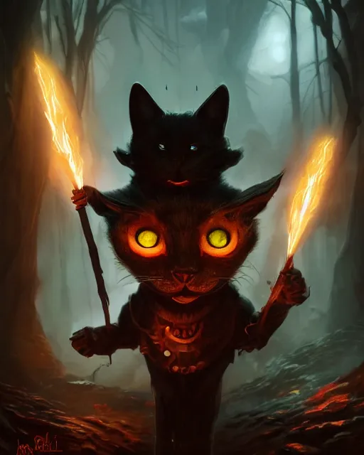 Image similar to oil painting of Anthropomorphized dark Cat Magician casting black magic spell, evil, glowing eyes, sharp focus, fantasy style, octane render, volumetric lighting, 8k high definition, by greg rutkowski, highly detailed, trending on art Station, magic the gathering artwork, very dark steampunk city backround, centered