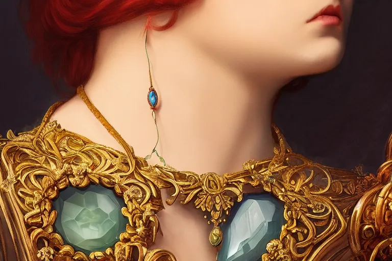 Image similar to highly detailed oil painting, historical, art nouveau, ornate, delicate, brilliant magical large gemstones choker, around a neck, octane render, realistic, dramatic light, 3 d, photograph 4 k,