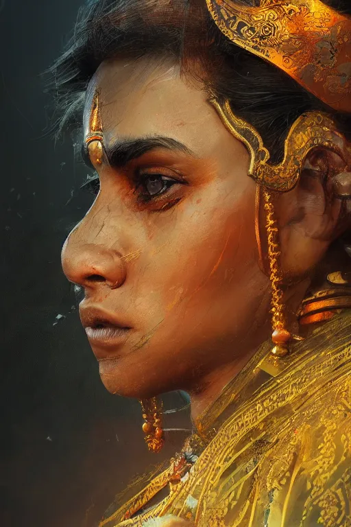 Image similar to hindu warrior, close - up portrait, fierce, intricate, elegant, volumetric lighting, scenery, digital painting, highly detailed, artstation, sharp focus, illustration, concept art, ruan jia, steve mccurry