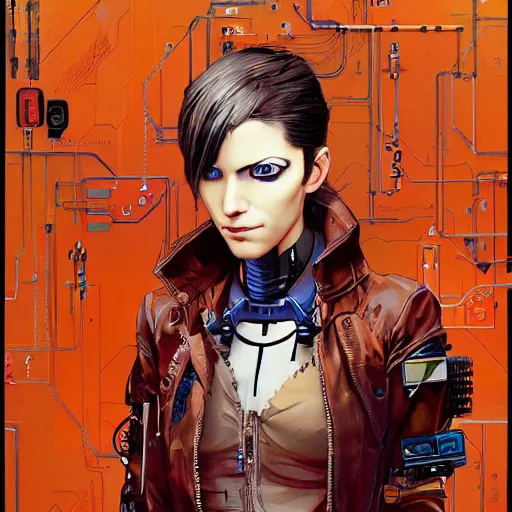 Image similar to portrait of the cyberpunk female pilot with mutiple wired personalities in circuitry, orange - noir tarot card by yoji shinkawa, ryuichi sakamoto, esao andrews and yoshitaka amano