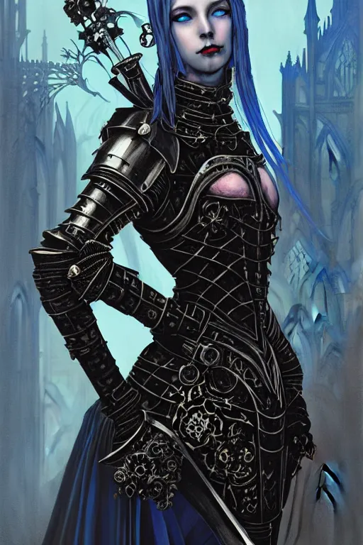 Image similar to beautiful gothic and victorian and evil and dieselpunk medieval female blue armor knight portrait, like lisa blackpink+smoky eyes+light flowing hair, ultradetail face, ruined gothic cathedral, art and illustration by tian zi and craig mullins and WLOP and alphonse mucha, ssci-fi, fantasy, intricate complexity, human structure, fantasy world concept, watermark, blurry, hyperrealism 8k