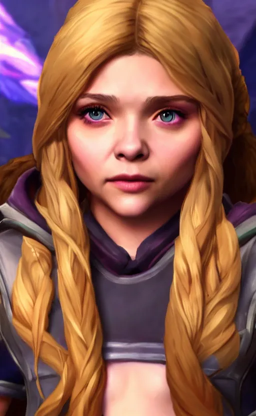 Image similar to Chloë Grace Moretz as a character in the game League of Legends, with a background based on the game League of Legends, detailed face, old 3d graphics