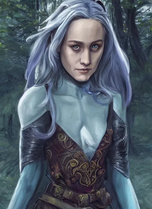 Image similar to A fantasy comic book roleplaying game style portrait painting of Maika Monroe as a grey elf in a mountain meadow sanctuary, DAZ, hyperrealistic, ambient light, dynamic light