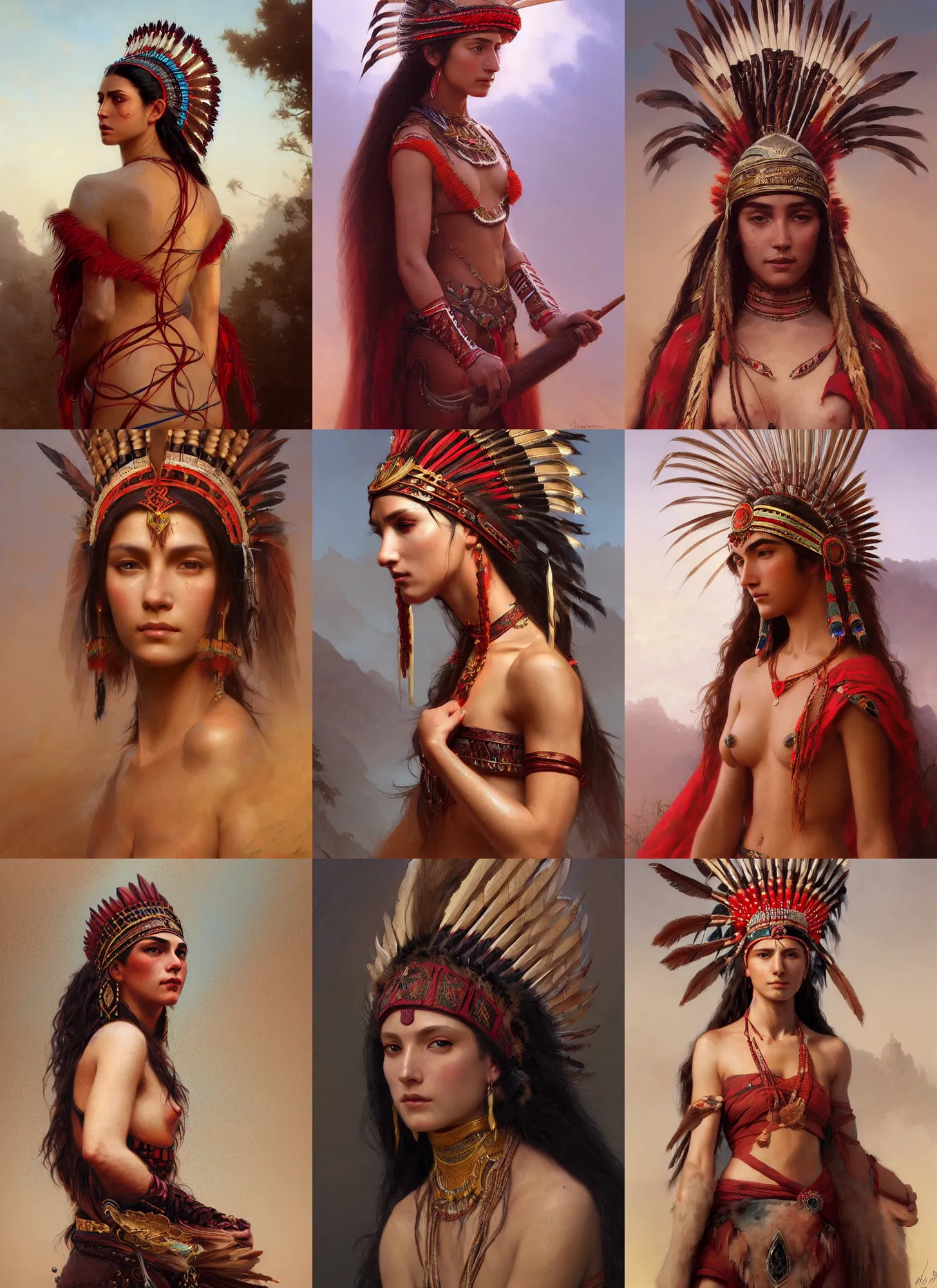 Image similar to gorgeous redskin woman wearing headdress, intricate, elegant, highly detailed, artstation, concept art, smooth, sharp focus, illustration, art by and greg rutkowski and orientalism and bouguereau