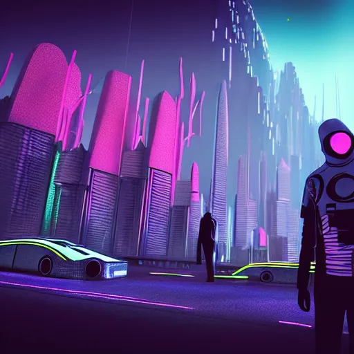 Image similar to futuristic citizens and vehicles, on the Moon, long shadows, holographic trees in a Russian high-rise community cyberpunk city called Neo Kudrovo, pitch black sky with stunning bright stars, bright sun, high contrast, lively, freaky, black sky full of stars, LEDs, holograms, blinding bright sun, sci-fi, cyberpunk outfits, photorealistic, grainy, 35mm, intricate, very very beautiful, elegant, smooth, cinematic, Unreal Engine 5, by Beeple