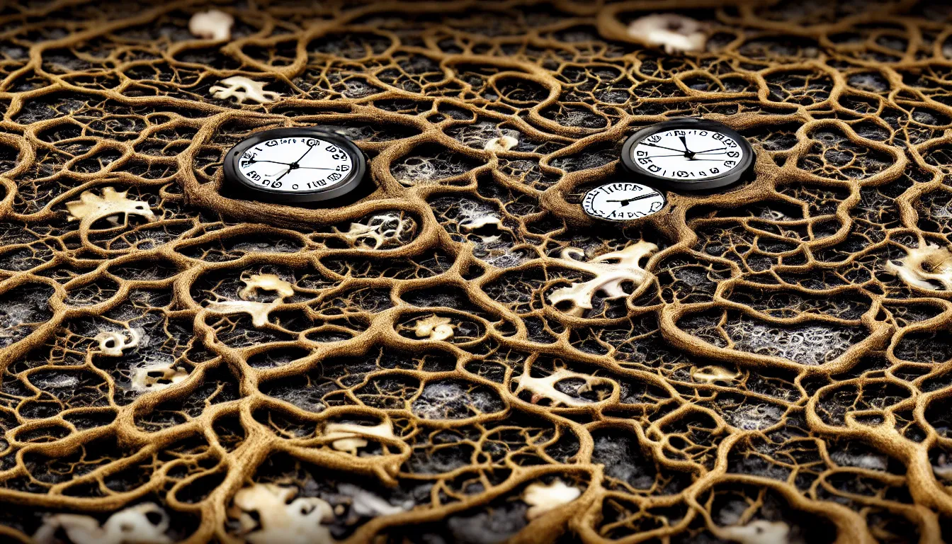 Prompt: detailed view from inside wet ink a clockwork watch bone landscape, entangled roots covered in mushrooms, cracked earth, growing living spore microorganisms, decaying, rusty, hyper realistic photo, full colour, upscale, 8 k