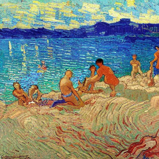 Image similar to rich and indulgent oil paint impasto reliefs, happy italian beach scene, an artwork by charles w. bartlett and jackson pollack and colin campbell cooper and to a lesser extent - van gogh