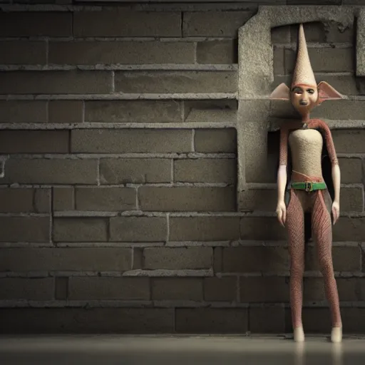 Image similar to an elf is standing next to a wall, hyper detailed, octane render, photorealistic