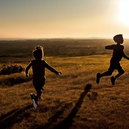 Prompt: two silhouetted children running across a hilltop with with one oak tree at far right of picture. A sun-filled dusk sky backdrop. photo by annie Liebowitz