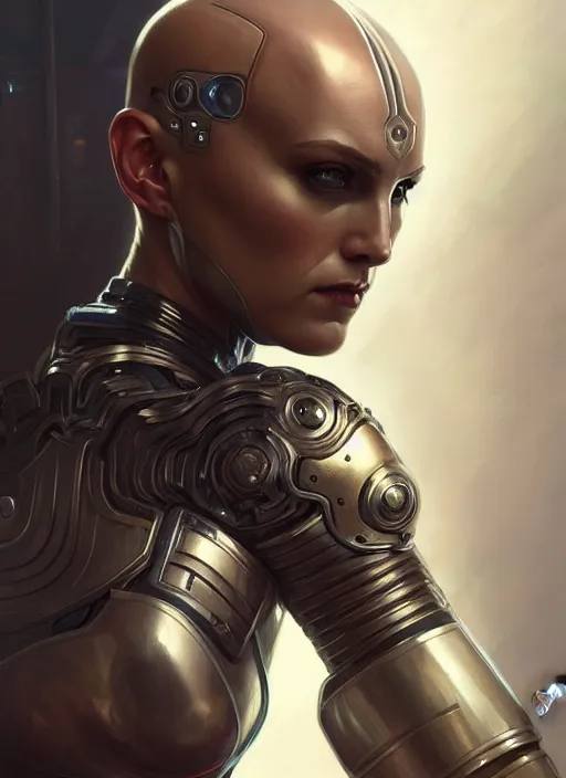 Image similar to Symmetry!! portrait of a bald woman, warrior in sci-fi armour, tech wear, muscular!! sci-fi, intricate, elegant, highly detailed, digital painting, artstation, concept art, smooth, sharp focus, illustration, art by artgerm and greg rutkowski and alphonse mucha