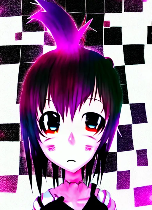 Prompt: emo anime girl, scene, rainbowcore, vhs monster high, glitchcore witchcore, checkered spiked hair, pixiv